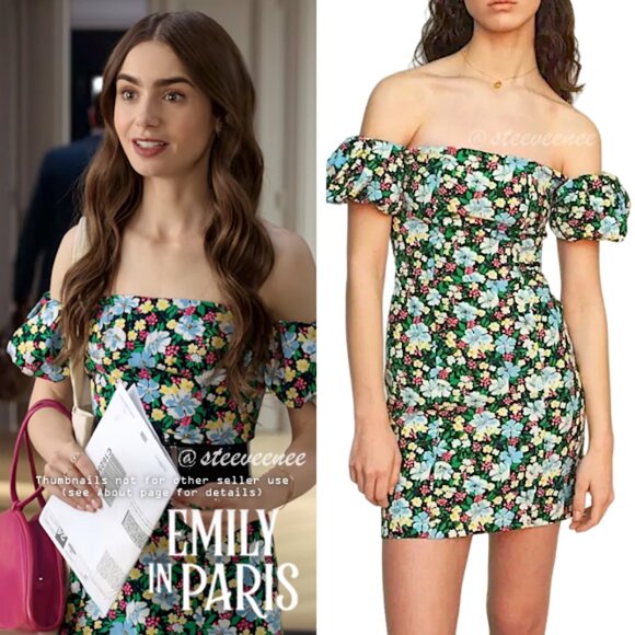 Maje Rapy Floral Off the Shoulder Dress ASO Emily in Paris - Picture 1 of 13